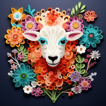 Sheep head with colorful flowers on dark blue background. Vector illustration.の素材