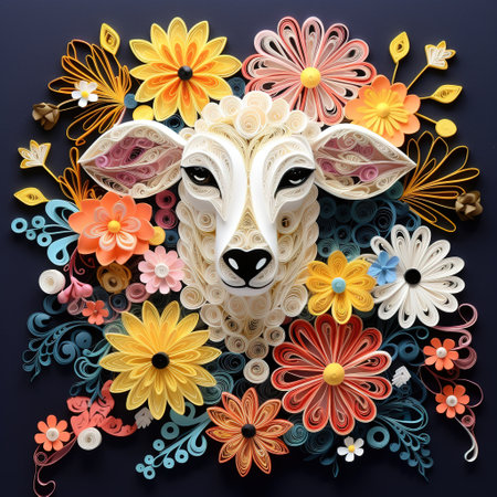Sheep head with flowers on blue background. 3D illustration.の素材