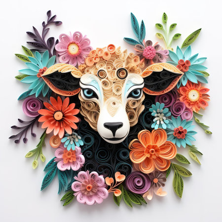 Cute sheep face made of colorful flowers and leaves on white backgroundの素材