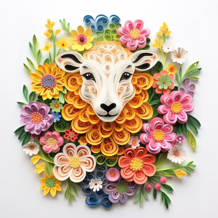 Paper cut sheep face with colorful flowers and leaves on white background.の素材