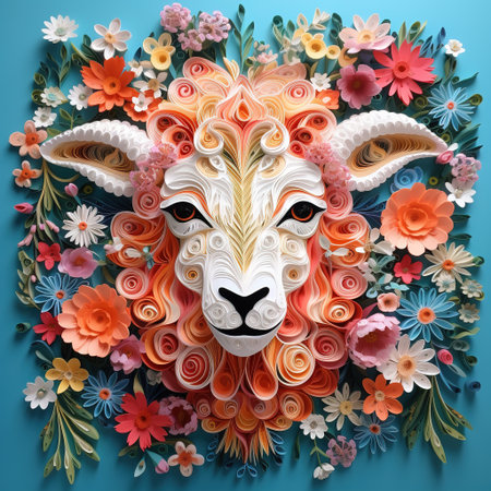 Paper cut sheep face with flowers on blue background. 3d renderingの素材