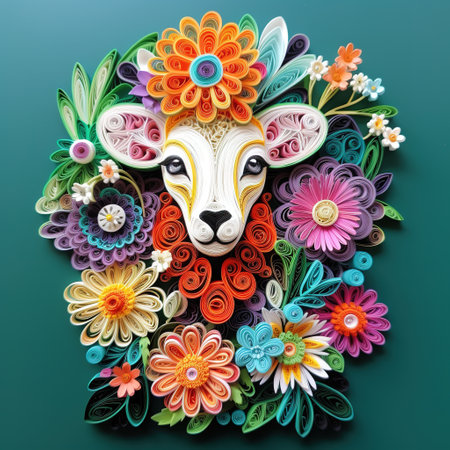Sheep head made of colorful flowers and leaves on green background.の素材