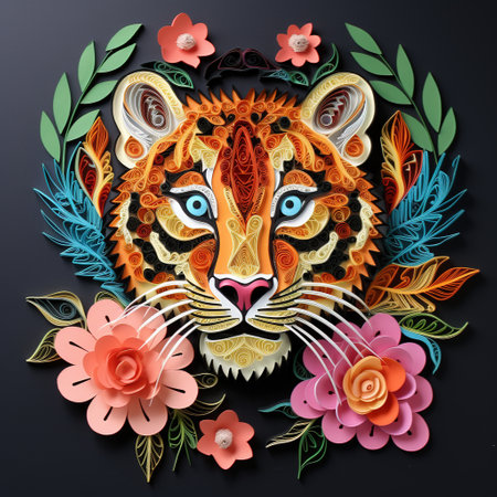 Tiger head with flowers and leaves on black background.の素材