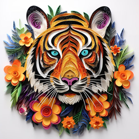 Tiger head with flowers and leaves on white background.の素材