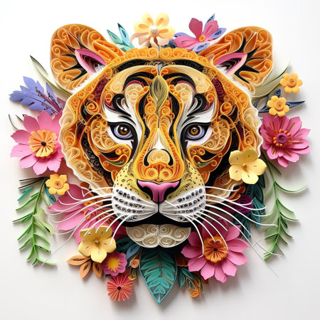 Paper cut of a lion with colorful flowers on a white background.の素材