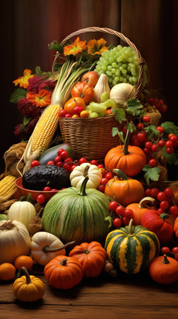 Autumn still life with pumpkins, apples, vegetables and berriesの素材