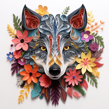 Colorful paper cut fox face with flowers and leaves on white backgroundの素材
