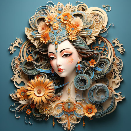 Beautiful girl with flowers in her hair. 3d illustration.の素材