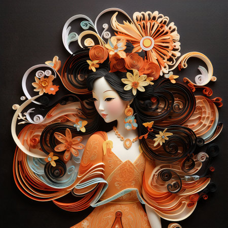 3d illustration of beautiful asian girl with floral hairstyle.の素材