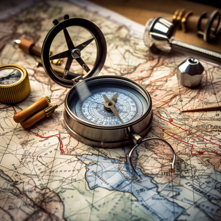 Compass and compass on old map. Travel concept. Vintage style.の素材