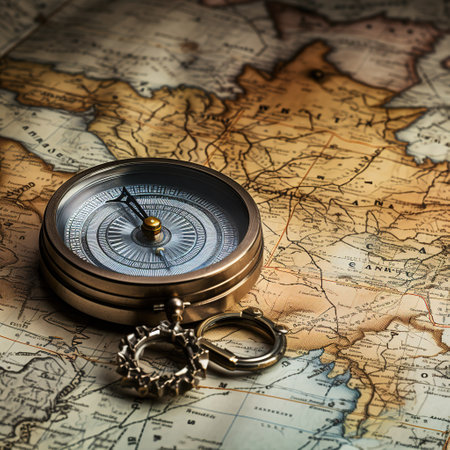Compass and chain on old map. Vintage style toned pictureの素材