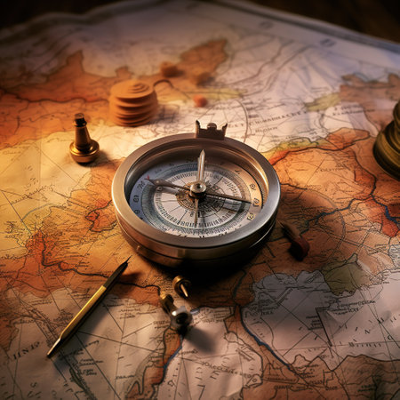 Compass and compass on the background of the map. Vintage style.の素材