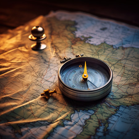 Compass on a map. Vintage style. Selective focus.の素材