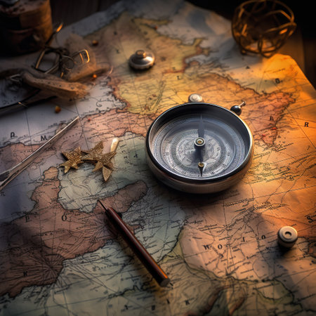 Compass on old map. Vintage style. Selective focus.の素材