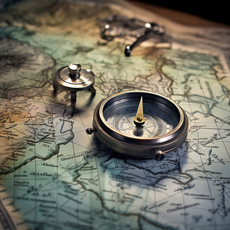 Compass on the old map. Vintage style toned picture.の素材