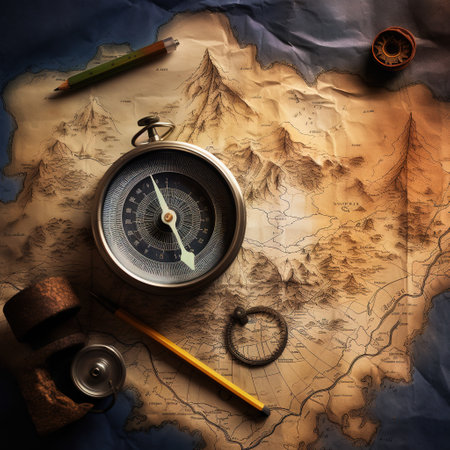 Compass and compass on old map. Travel and adventure concept.の素材