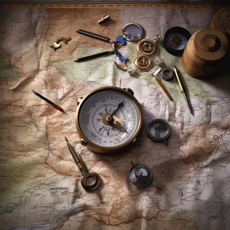 Compass and old map. Travel concept. Vintage style toned pictureの素材