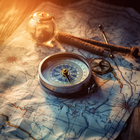 Compass on old map. Vintage style toned picture. Travel conceptの素材