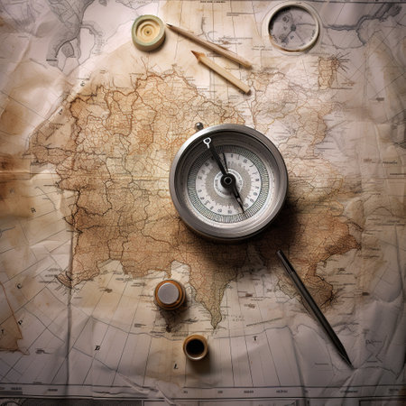 Compass and compass on old map. Vintage style toned pictureの素材
