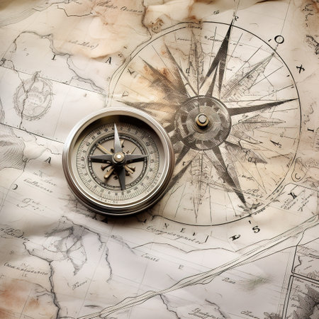 Compass on old map background. Vintage style toned picture.の素材