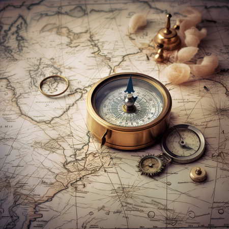 Compass and compass on old map. Vintage style toned pictureの素材