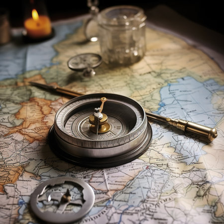 Vintage compass on a world map. Retro style toned imageの素材