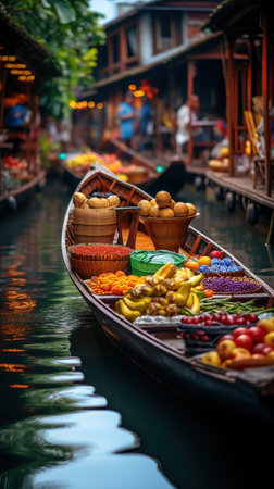 Boats full of fruits and vegetables at Damnoen Saduak floating market.の素材