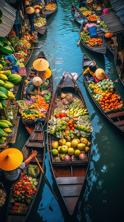 Local people sell fruits and vegetables at Damnoen Saduak floating market in Ratchaburi, Thailand.の素材