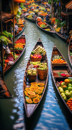 A row of fruit and vegetables in a boat at Damnoen Saduak floating market.の素材