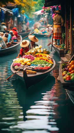 Unidentified Thai people sell food at Damnoen Saduak floating market.の素材