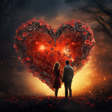 Man and woman looking at heart shaped tree with red flowers in forestの素材