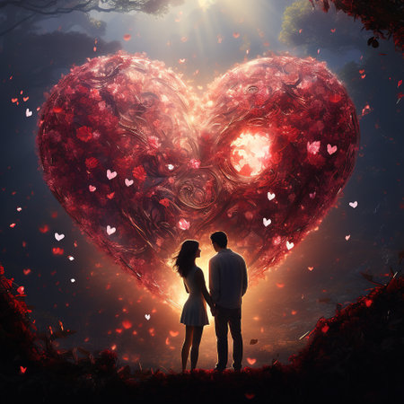 Couple in love holding hands and looking at big red heart with rays of lightの素材