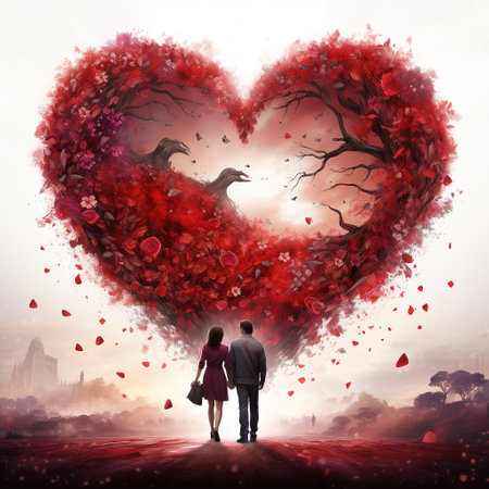 Young couple in love looking at heart shaped tree with flying petalsの素材