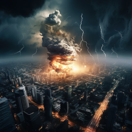 Conceptual image of nuclear explosion over city at night. 3D renderingの素材