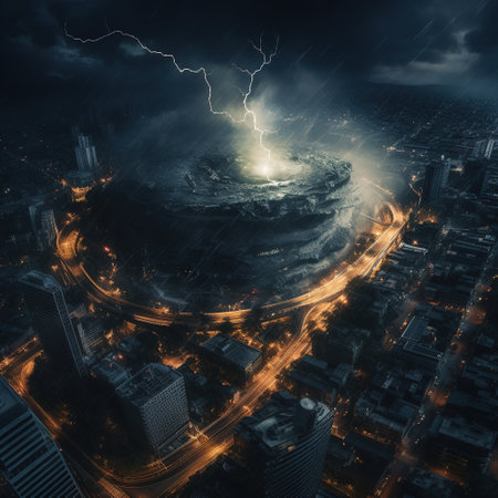 Lightning strike over a city at night. 3D Renderingの素材