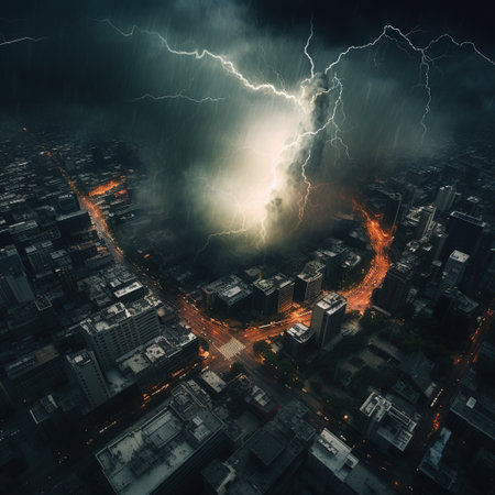 Lightning strikes the city in a thunderstorm. 3D renderingの素材