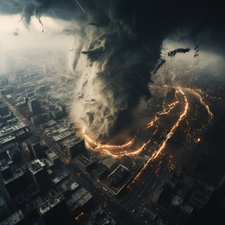 Cityscape at night with heavy smoke and lightning. 3d illustrationの素材