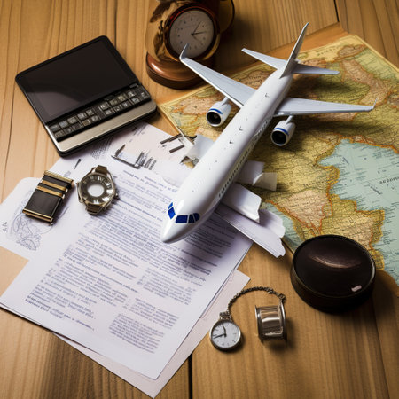 airplane model on world map and travel accessories on a wooden tableの素材