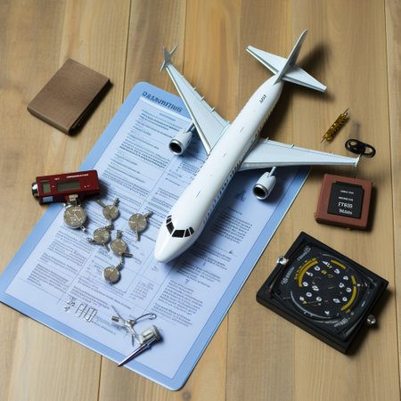 Model of a passenger plane, passport, compass and other items on a wooden tableの素材