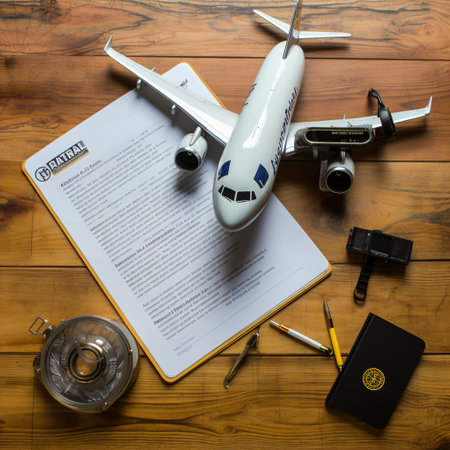 Airplane model, passport, camera, binoculars on wooden backgroundの素材