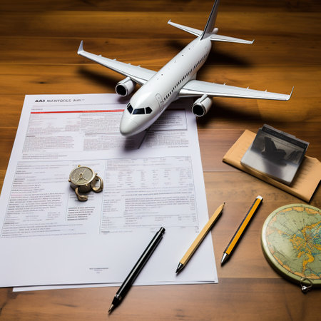 Travel and tourism concept. Airplane model, passport, watch, compass, pencil on wooden table.の素材