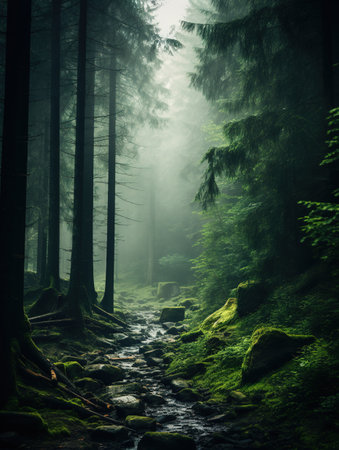 Mysterious dark forest with river and green moss in the morningの素材