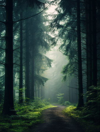 Mysterious dark forest with fog and footpath. Mysterious mystical landscapeの素材