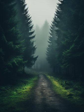 Foggy forest road in the morning. Fantasy forest background.の素材
