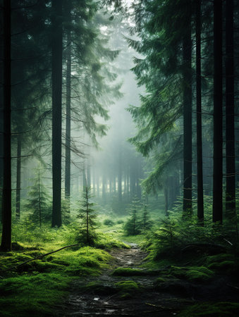 Fantastic dark forest landscape with a path and fog. Magical atmosphereの素材