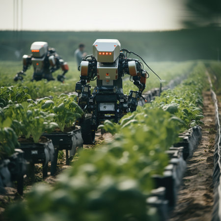 Agriculturist with robot working on a field of lettuceの素材