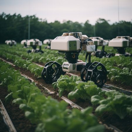 Rows of young green lettuce growing in the field with a robotの素材