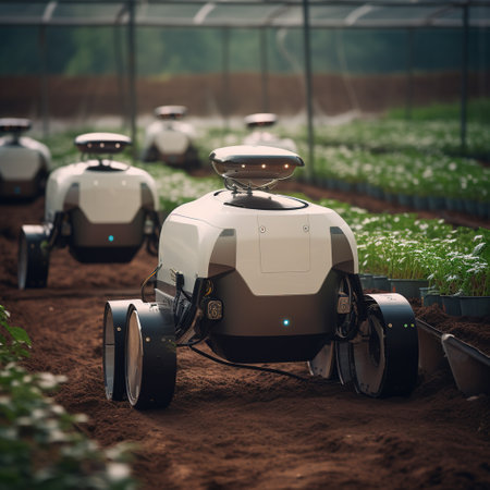 Rows of new modern agricultural machinery in a greenhouse. Selective focus.の素材