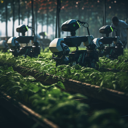 Industrial robot working in greenhouse. Technology and agriculture concept. 3D Renderingの素材