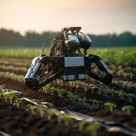 Agricultural machinery on the field in the early morning. Irrigation system.の素材